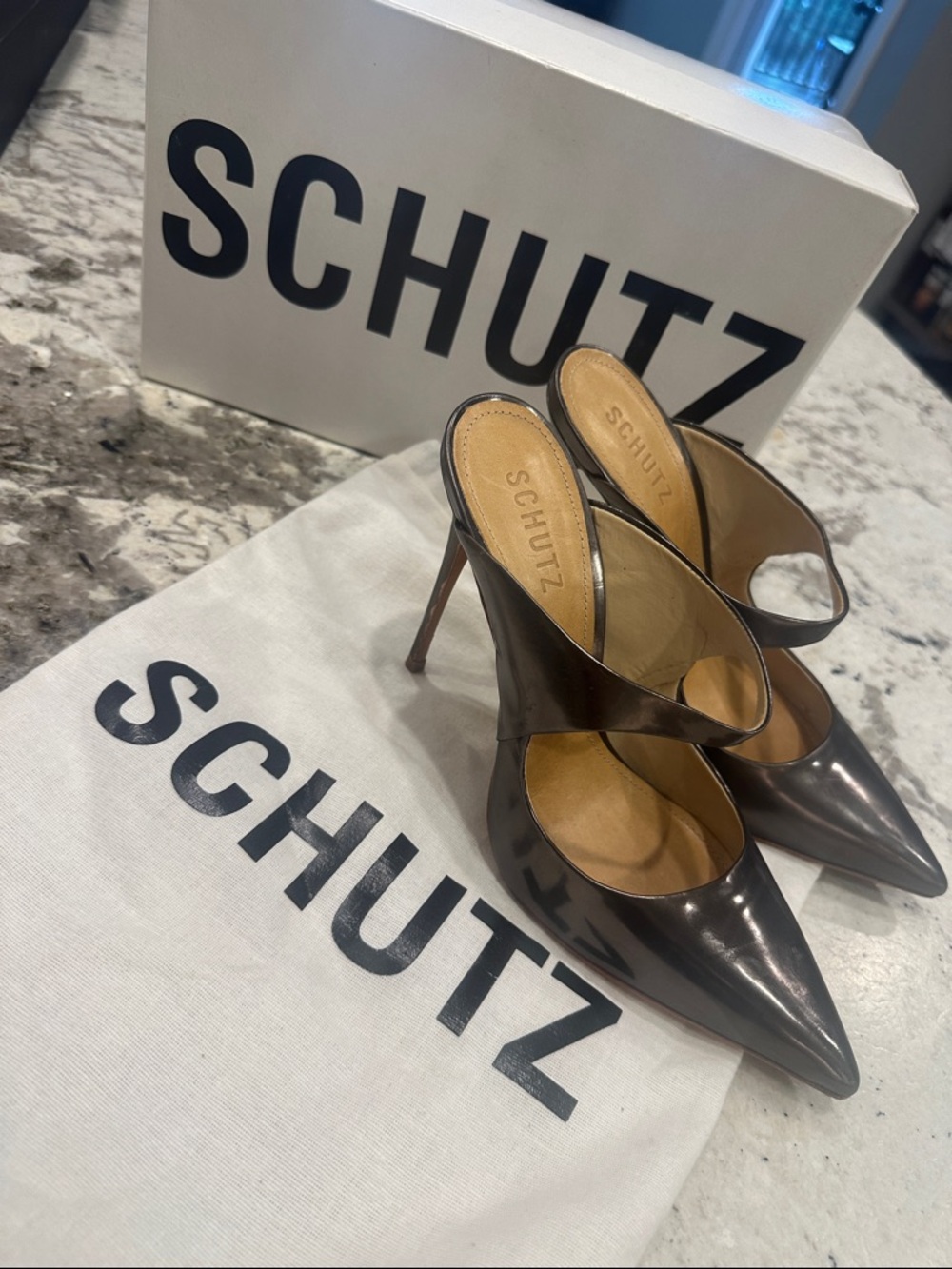 SCHUTZ Dark Brown Pointed-Toe Stiletto Mules